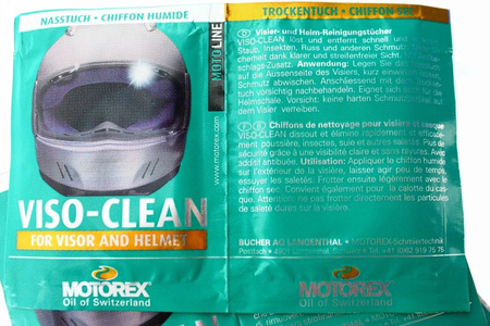 Motorex Visio Clean, chusteczka nawilżona oraz sucha do wytarcia.